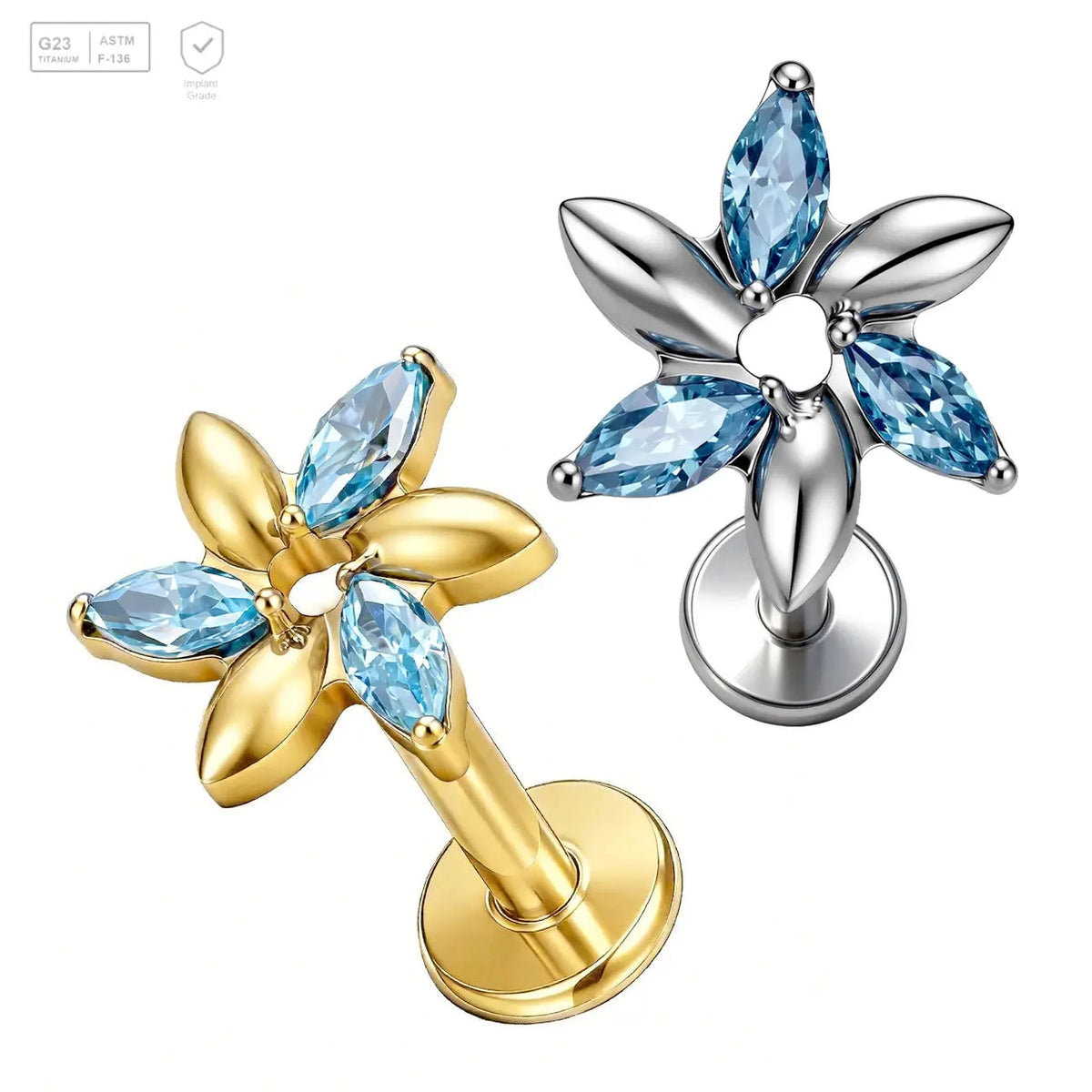 Pack of 5 G23 ASTM F136 Titanium Labret Stud | Threadless Push-In & Internally Threaded | Flower CNC Set Marquise CZ Paved