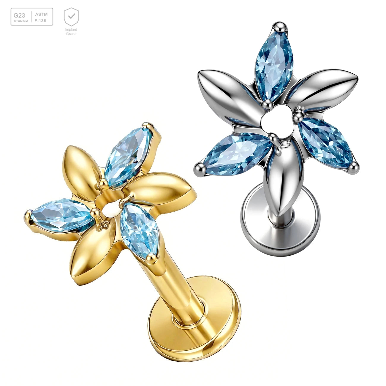 Pack of 5 G23 ASTM F136 Titanium Labret Stud | Threadless Push-In & Internally Threaded | Flower CNC Set Marquise CZ Paved