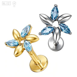 Pack of 5 G23 ASTM F136 Titanium Labret Stud | Threadless Push-In & Internally Threaded | Flower CNC Set Marquise CZ Paved