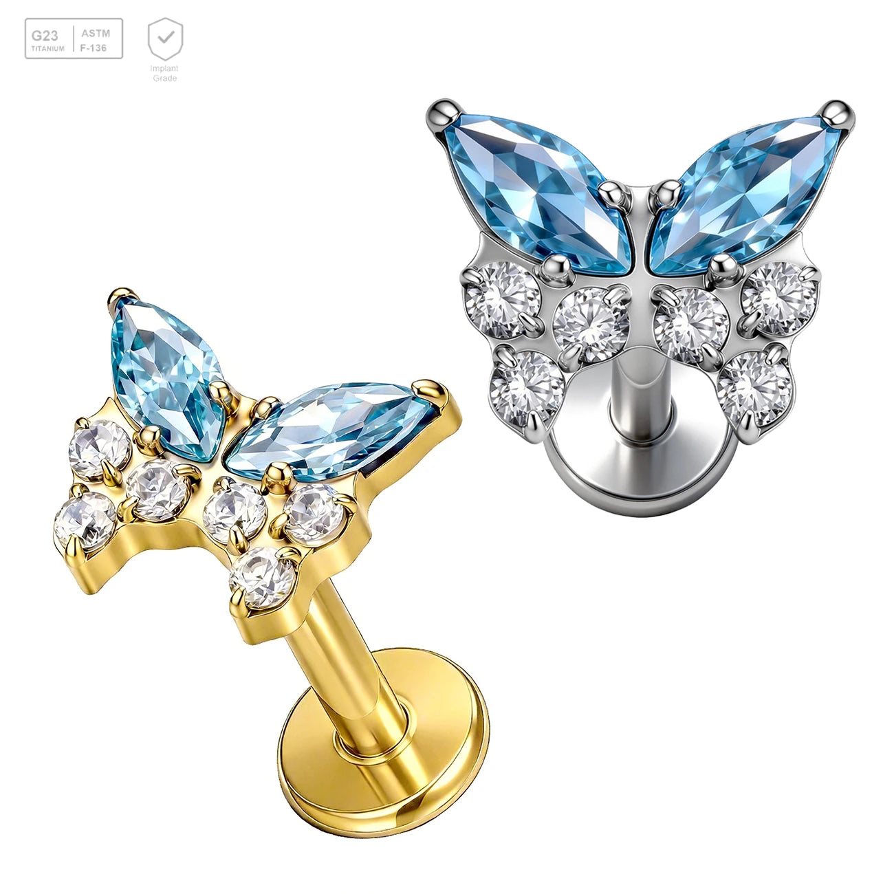 Pack of 5 G23 ASTM F136 Titanium Labret Stud | Threadless Push-In & Internally Threaded | Zircon Butterfly High Polished