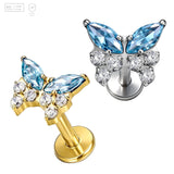 Pack of 5 G23 ASTM F136 Titanium Labret Stud | Threadless Push-In & Internally Threaded | Zircon Butterfly High Polished
