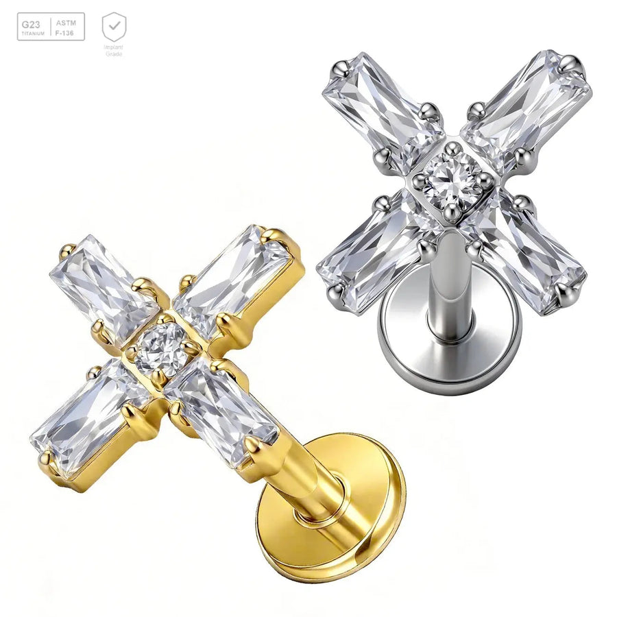 Baguette Gem Cross Titanium Labret Stud