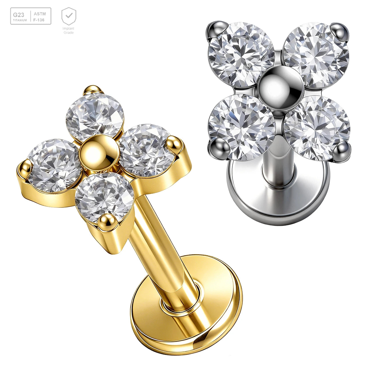 Pack of 5 G23 ASTM F136 Titanium Labret Stud | Threadless Push-In & Internally Threaded | Four Leaf Helix Tragus Stud Flat