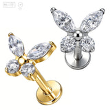 Pack of 5 G23 ASTM F136 Titanium Labret Stud | Threadless Push-In & Internally Threaded | Butterfly Design CZ Flat Back Stud