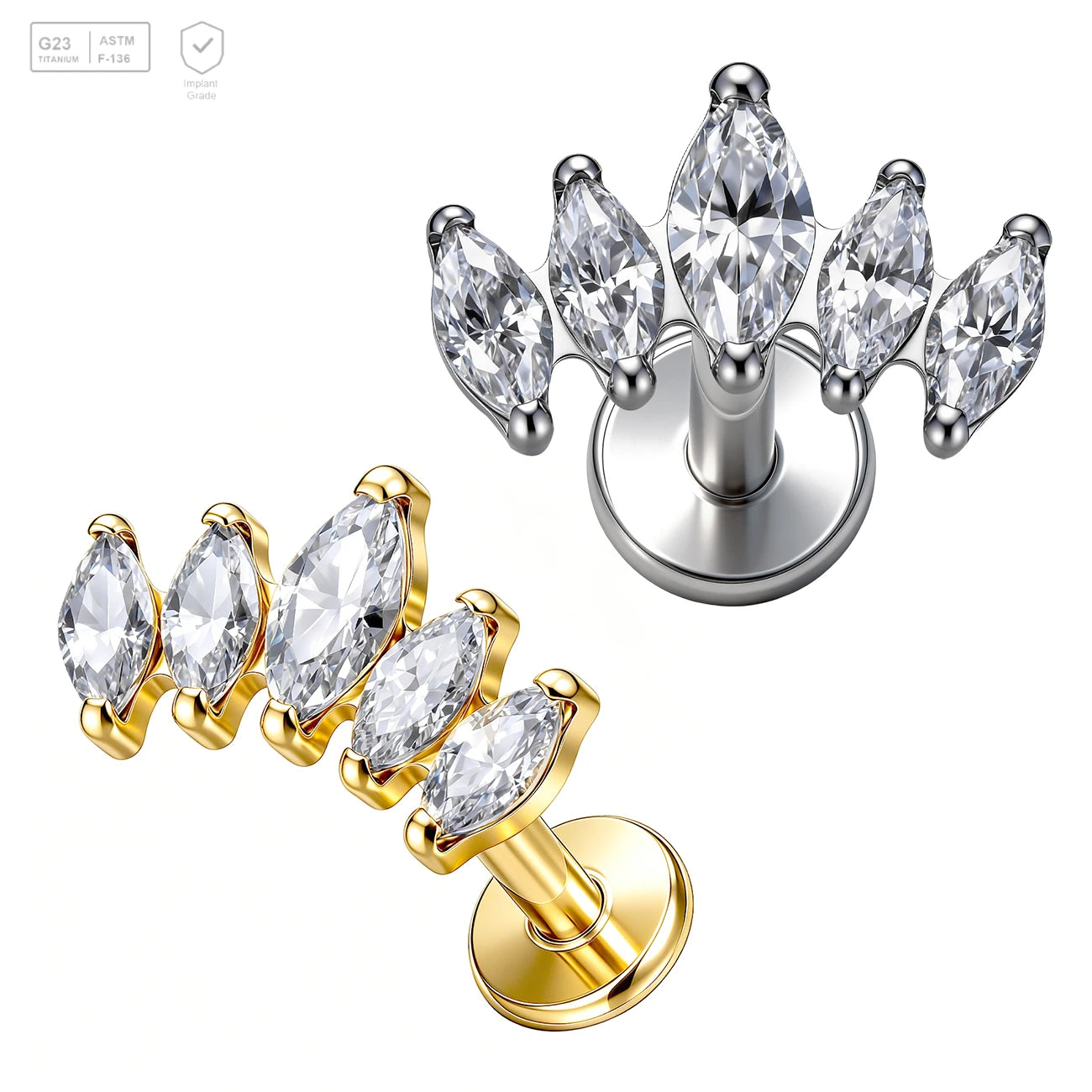 Pack of 5 G23 ASTM F136 Titanium Labret Stud | Threadless Push-In & Internally Threaded | Marquise CZ Crown Cartilage Earring