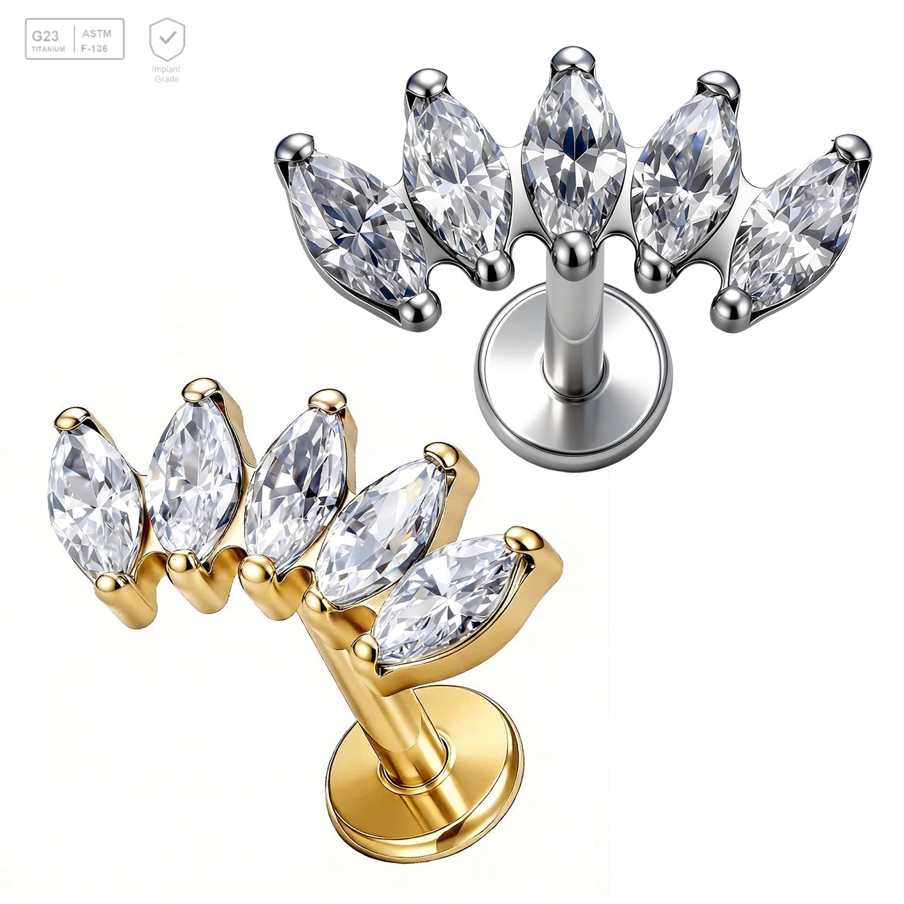 Pack of 5 G23 ASTM F136 Titanium Labret Stud | Threadless Push-In & Internally Threaded | Flat Bottom Rod Ear Stud Zircon