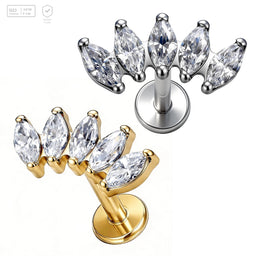 Pack of 5 G23 ASTM F136 Titanium Labret Stud | Threadless Push-In & Internally Threaded | Flat Bottom Rod Ear Stud Zircon