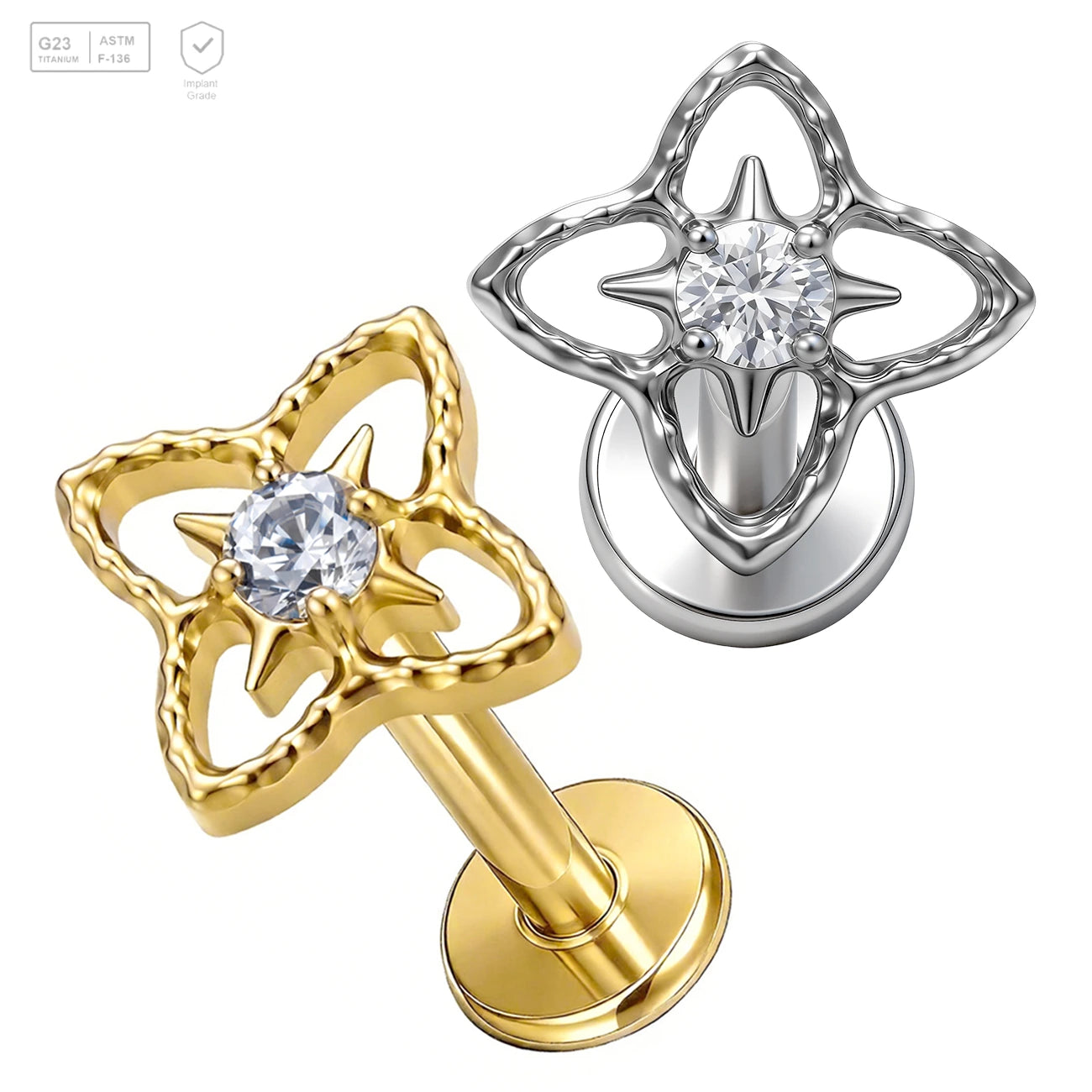Pack of 5 G23 ASTM F136 Titanium Labret Stud | Threadless Push-In & Internally Threaded | Ear Studs Classic Style with Zircon