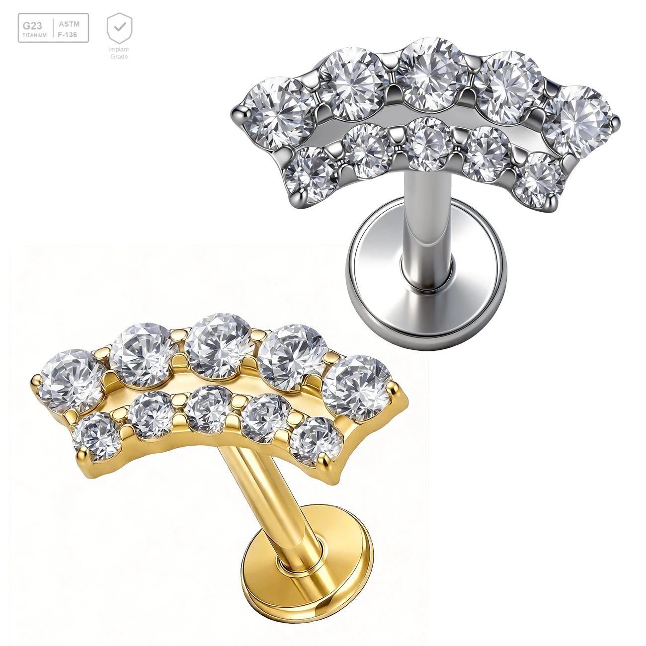 Pack of 5 G23 ASTM F136 Titanium Labret Stud | Threadless Push-In & Internally Threaded | Ear Piercing Stud Gold Zircon Ear