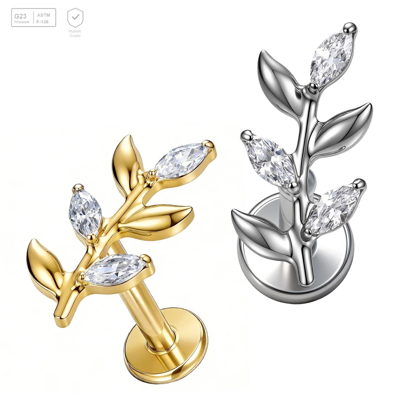 Pack of 5 G23 ASTM F136 Titanium Labret Stud | Threadless Push-In & Internally Threaded | 16G Leaf Shape Cartilage Helix