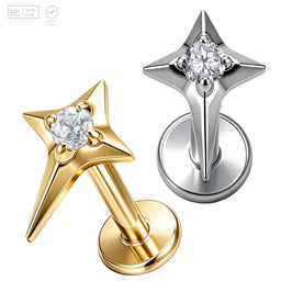 Pack of 5 G23 ASTM F136 Titanium Labret Stud | Threadless Push-In & Internally Threaded | Four Point Star Tiny CZ Cartilage
