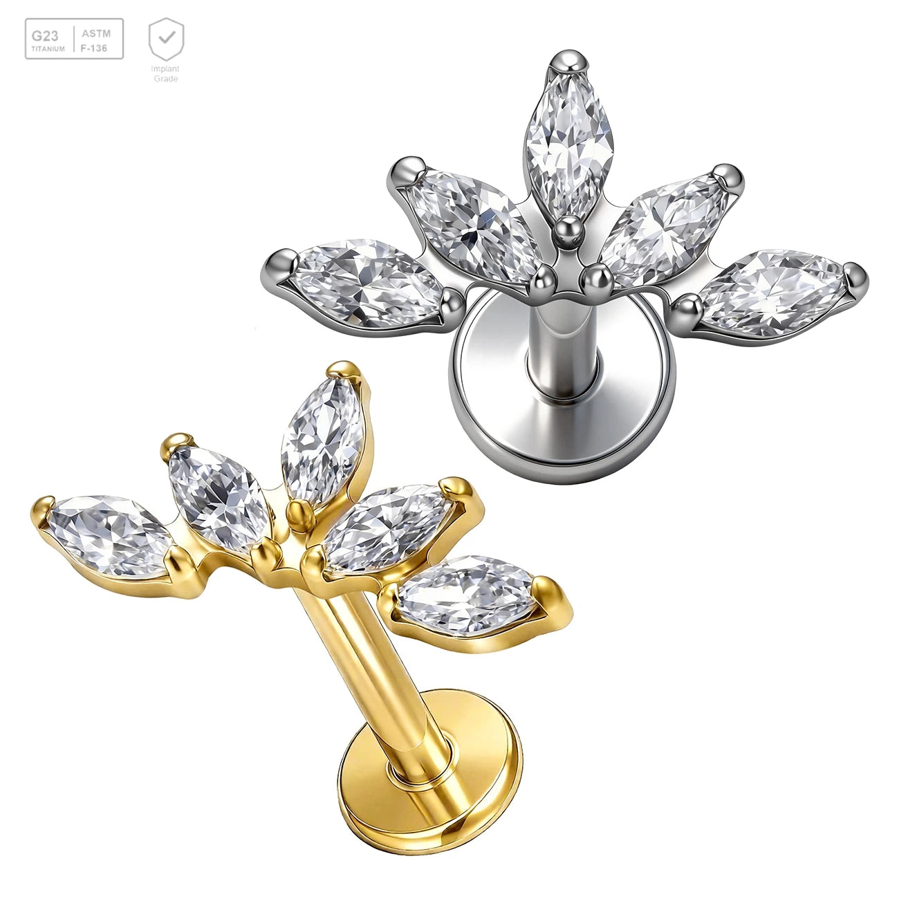 Pack of 5 G23 ASTM F136 Titanium Labret Stud | Threadless Push-In & Internally Threaded | Marquise Cut Ear Studs Flat Back