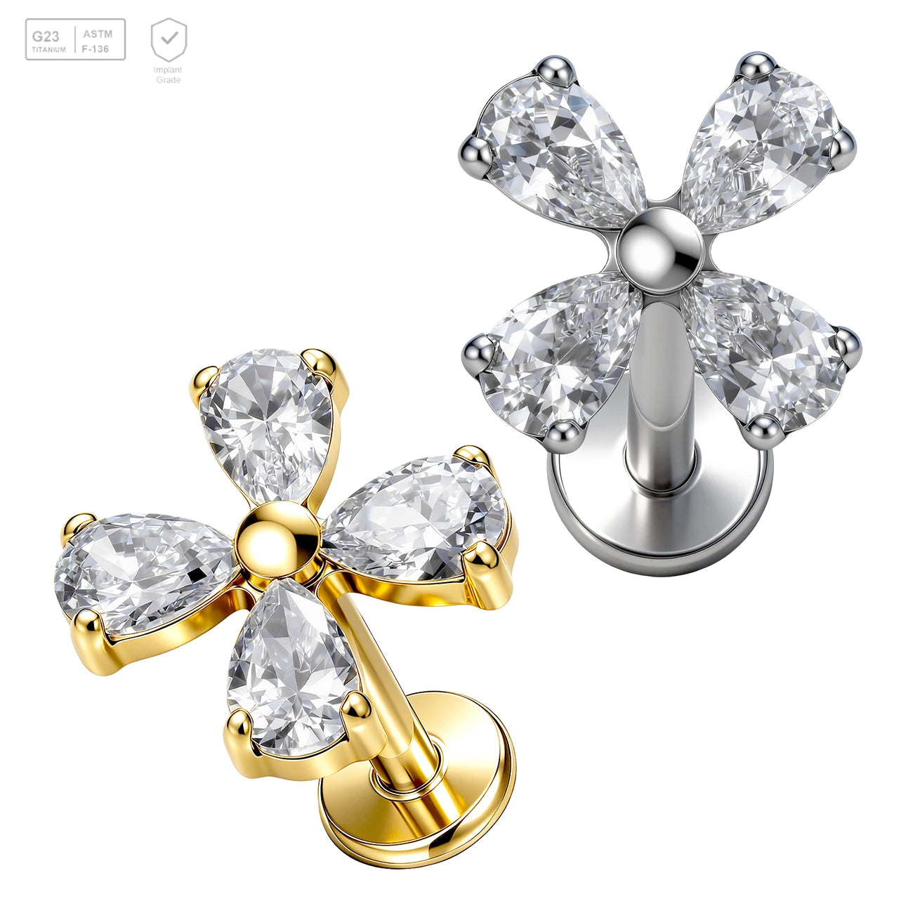 Pack of 5 G23 ASTM F136 Titanium Labret Stud | Threadless Push-In & Internally Threaded | Nickel Free Flower Crystal Helix