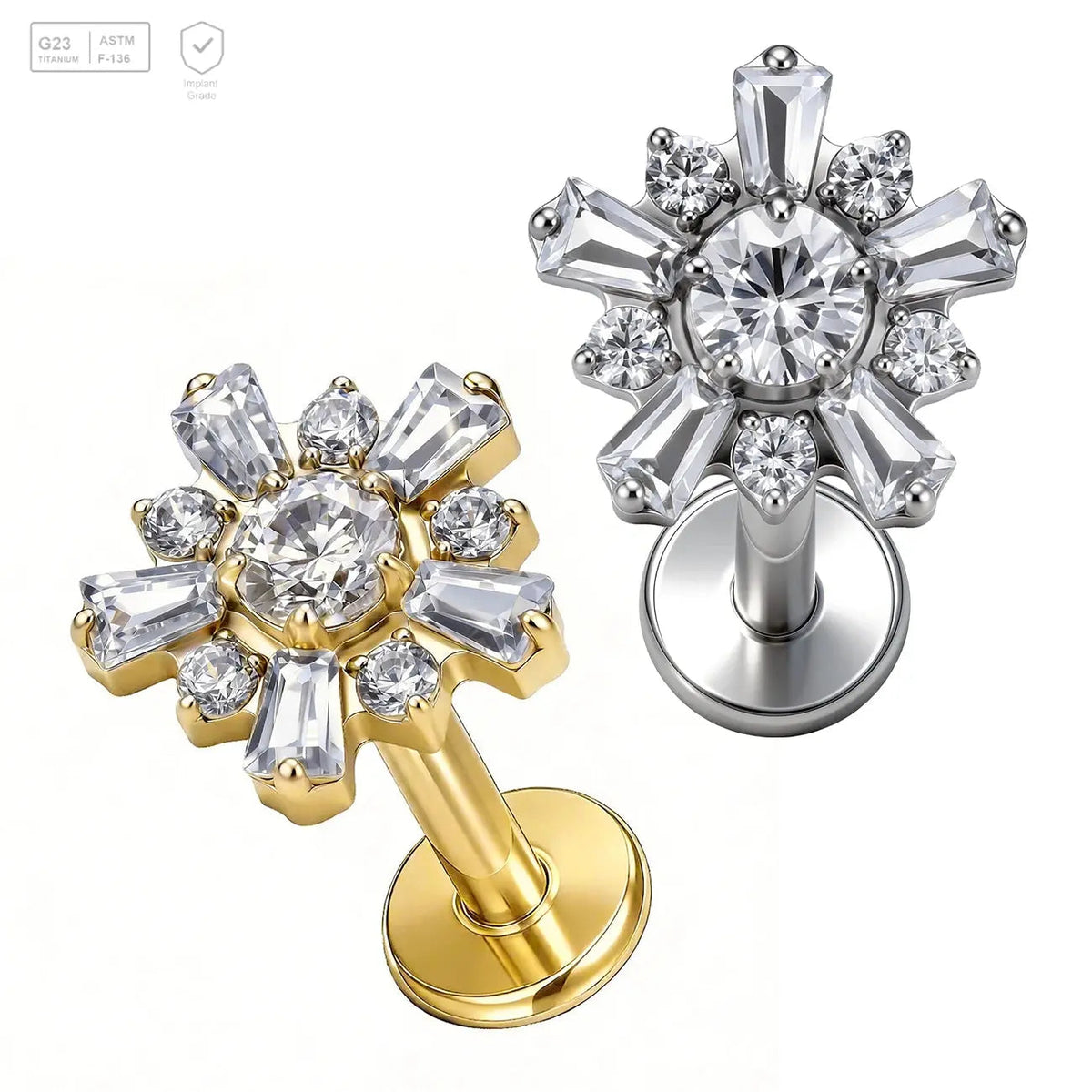 Pack of 5 G23 ASTM F136 Titanium Labret Stud | Threadless Push-In & Internally Threaded | Ear Round Cut Diamond Helix