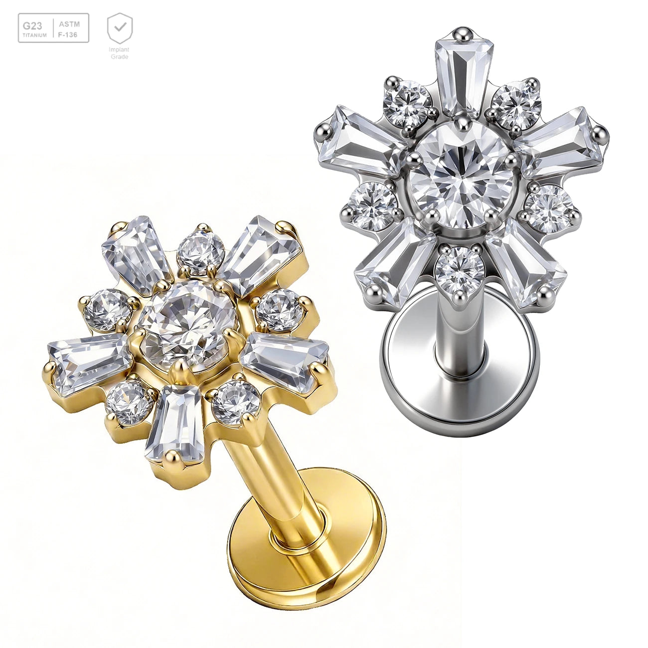 Pack of 5 G23 ASTM F136 Titanium Labret Stud | Threadless Push-In & Internally Threaded | Ear Round Cut Diamond Helix