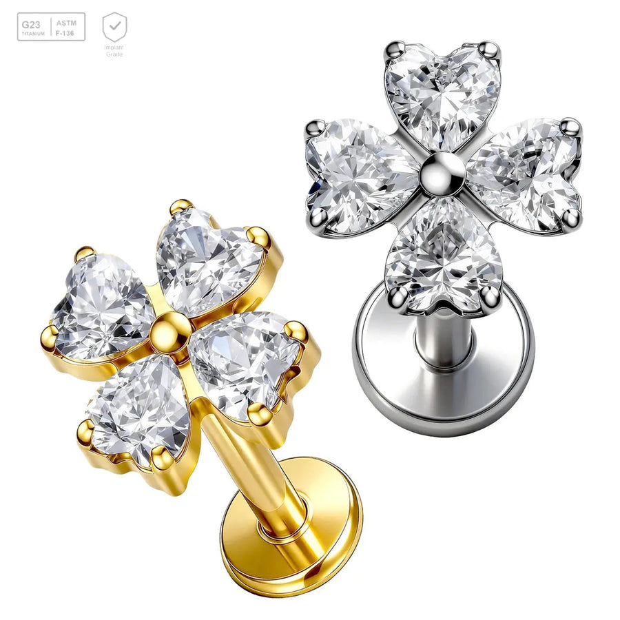 Four Heart-Petal Clover Titanium Labret Stud