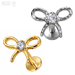Pack of 5 G23 ASTM F136 Titanium Labret Stud | Threadless Push-In & Internally Threaded | Bow Tie CZ Flat Back Ear Cartilage