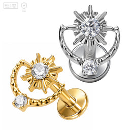 Pack of 5 G23 ASTM F136 Titanium Labret Stud | Threadless Push-In & Internally Threaded | Flat Back Earrings 16G Moon Star