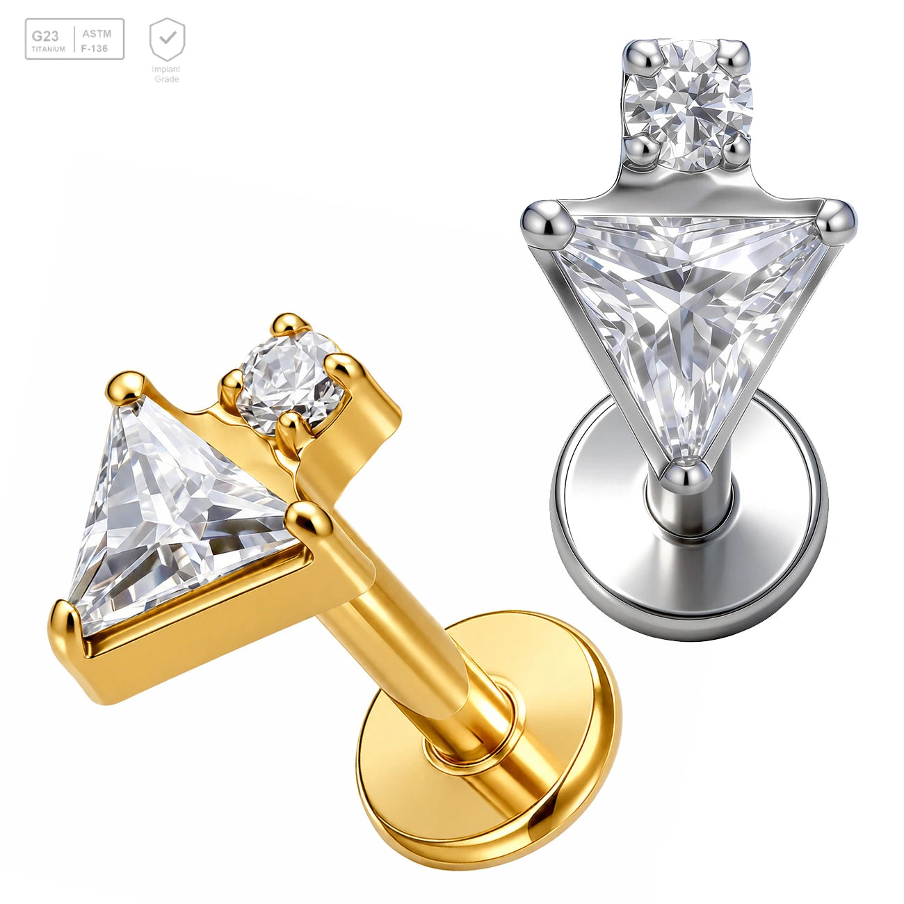 Pack of 5 G23 ASTM F136 Titanium Labret Stud | Threadless Push-In & Internally Threaded | Triangle CZ Flat Back Stud Earrings
