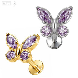 Purple Gem Butterfly Titanium Labret Stud