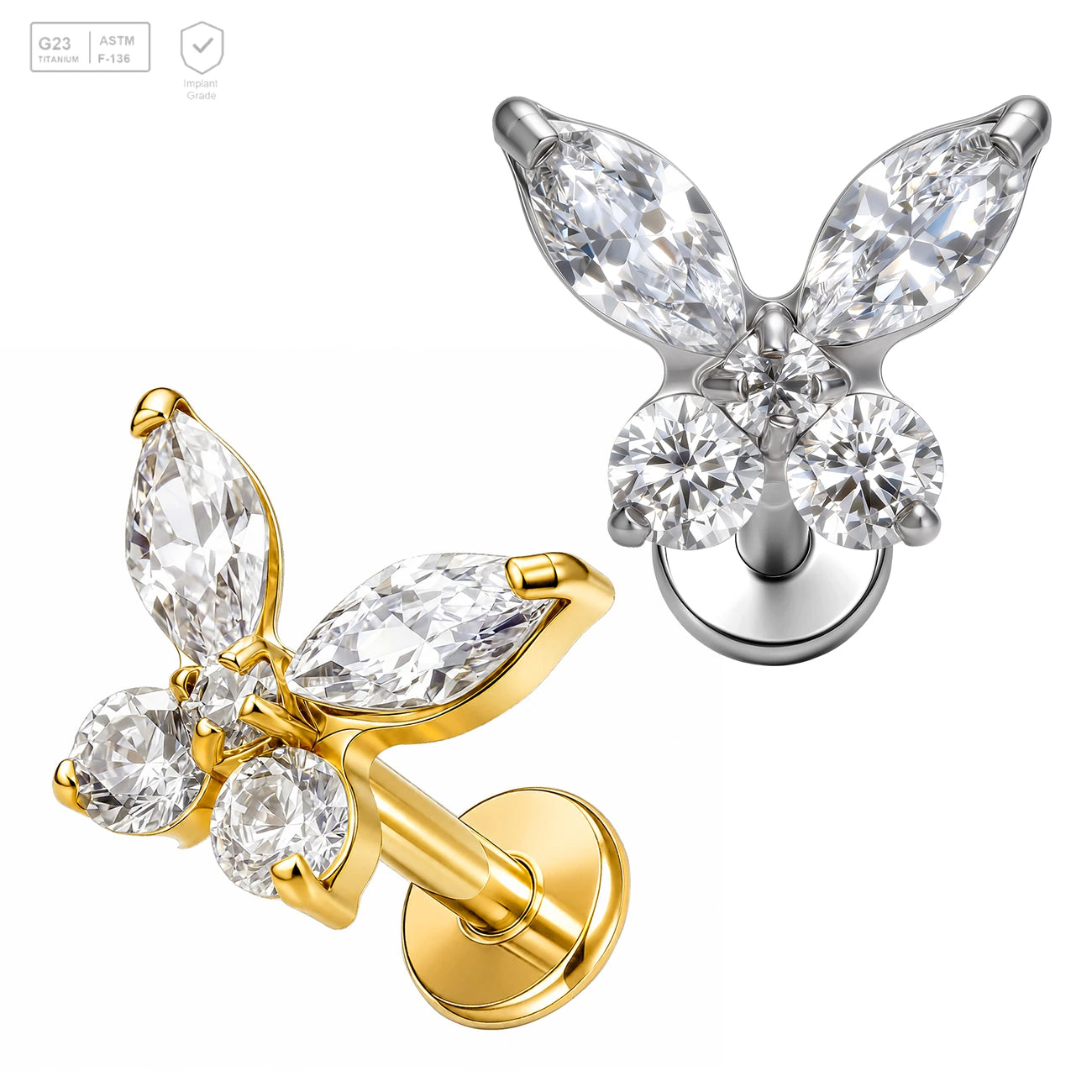 Pack of 5 G23 ASTM F136 Titanium Labret Stud | Threadless Push-In & Internally Threaded | Piercing Butterfly Clear Zirconia