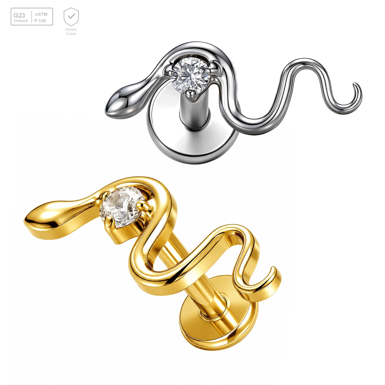 Pack of 5 G23 ASTM F136 Titanium Labret Stud | Threadless Push-In & Internally Threaded | Curved Snake Design Flat Back