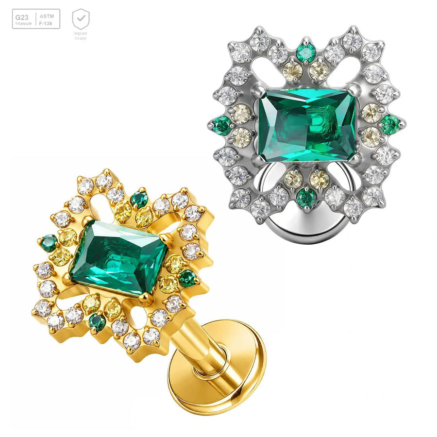 Green Rectangle Gem Halo Titanium Labret Stud