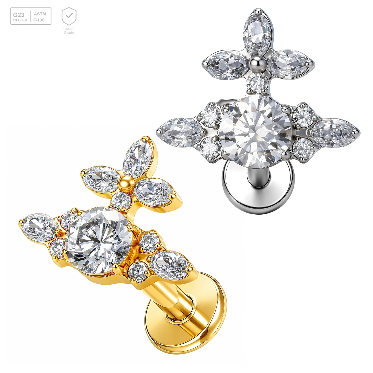 Pack of 5 G23 ASTM F136 Titanium Labret Stud | Threadless Push-In & Internally Threaded | Gold Plated Zircon Geometric Ear