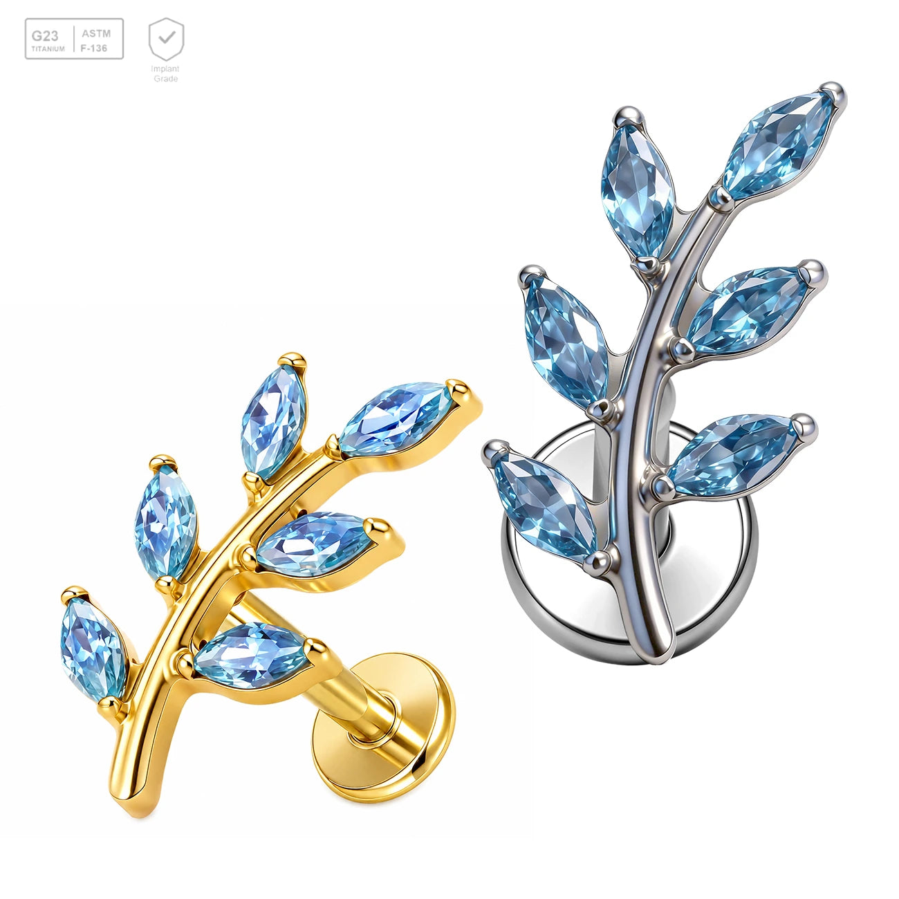 Pack of 5 G23 ASTM F136 Titanium Labret Stud | Threadless Push-In & Internally Threaded | 16G Zircon Ear Studs Tree Leaf