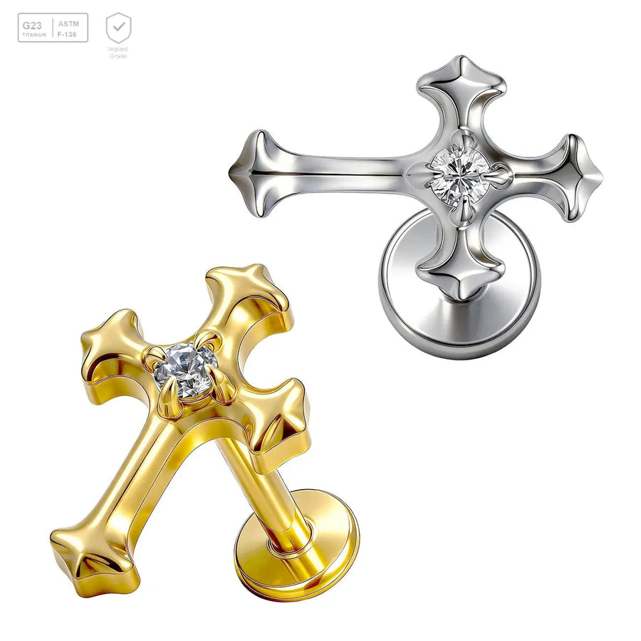 Gothic Cross with Center Gem Titanium Labret Stud