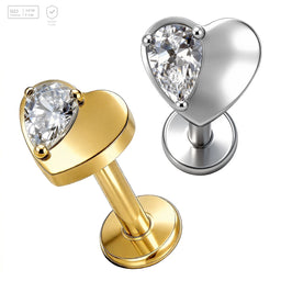 Pack of 5 G23 ASTM F136 Titanium Labret Stud | Threadless Push-In & Internally Threaded | Ear Studs Heart Shape Zircon Inlay
