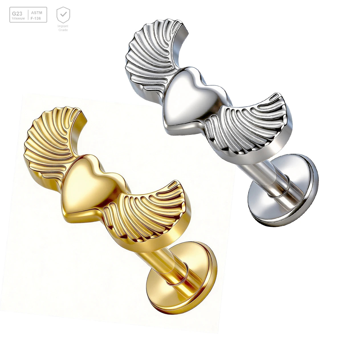 Pack of 5 G23 ASTM F136 Titanium Labret Stud | Threadless Push-In & Internally Threaded | Unisex Alloy Wings Flat Bottom Lip
