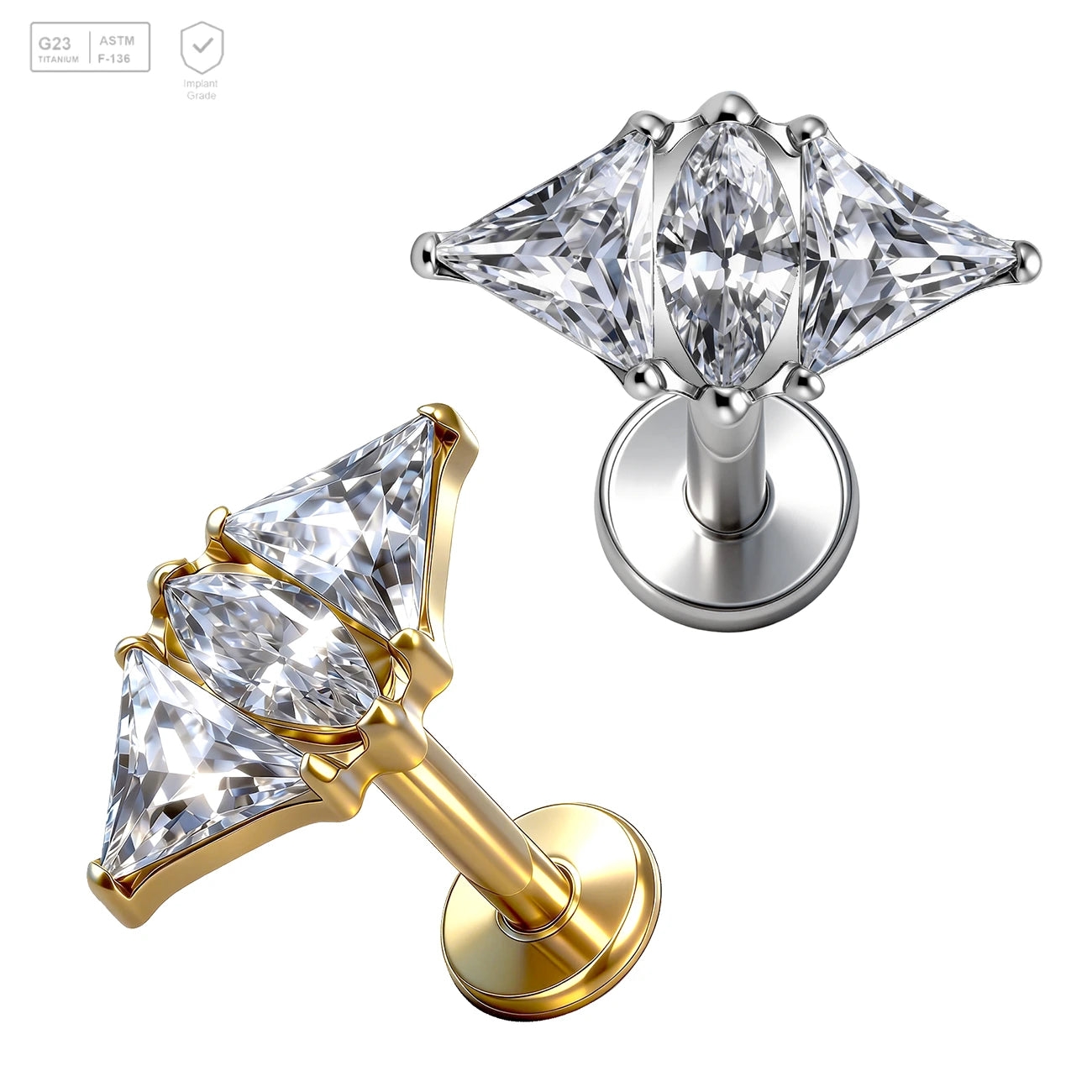 Pack of 5 G23 ASTM F136 Titanium Labret Stud | Threadless Push-In & Internally Threaded | 16G Stud Earring Zircon Cartilage