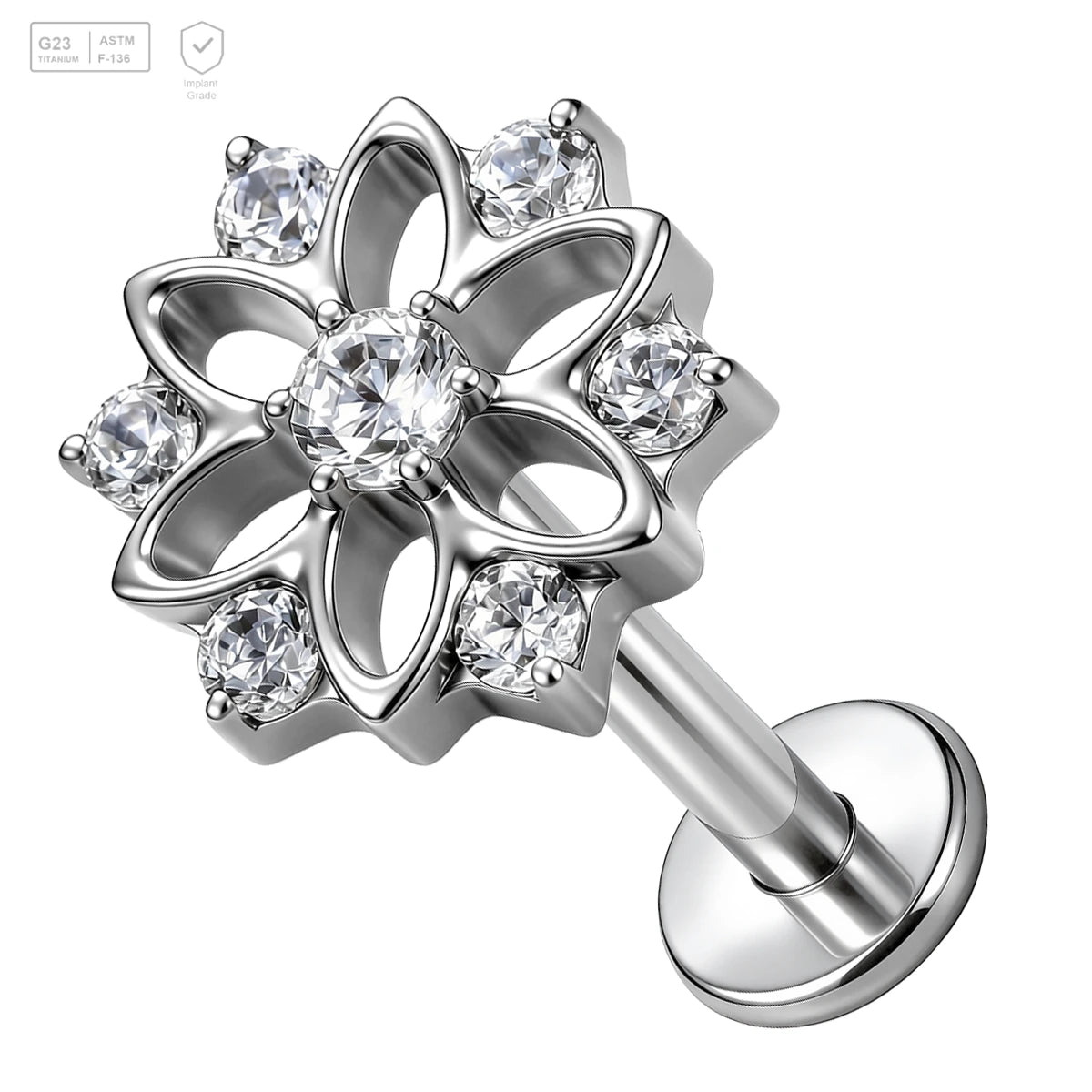 Pack of 5 G23 ASTM F136 Titanium Labret Stud | Threadless Push-In & Internally Threaded | Post Lip Stud Ear Studs Zircon