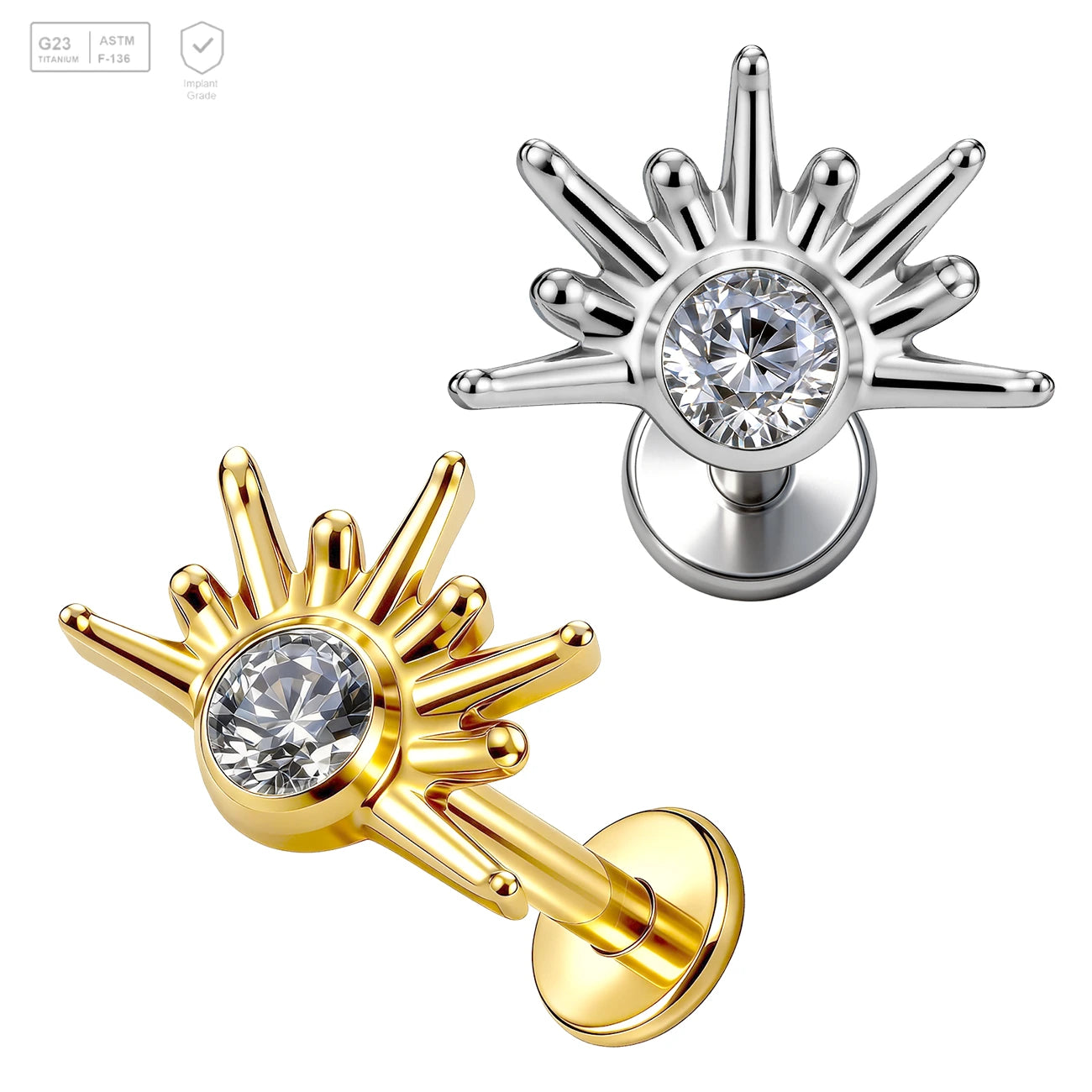 Pack of 5 G23 ASTM F136 Titanium Labret Stud | Threadless Push-In & Internally Threaded | 24K Gold Plated Zircon Sun Marquise