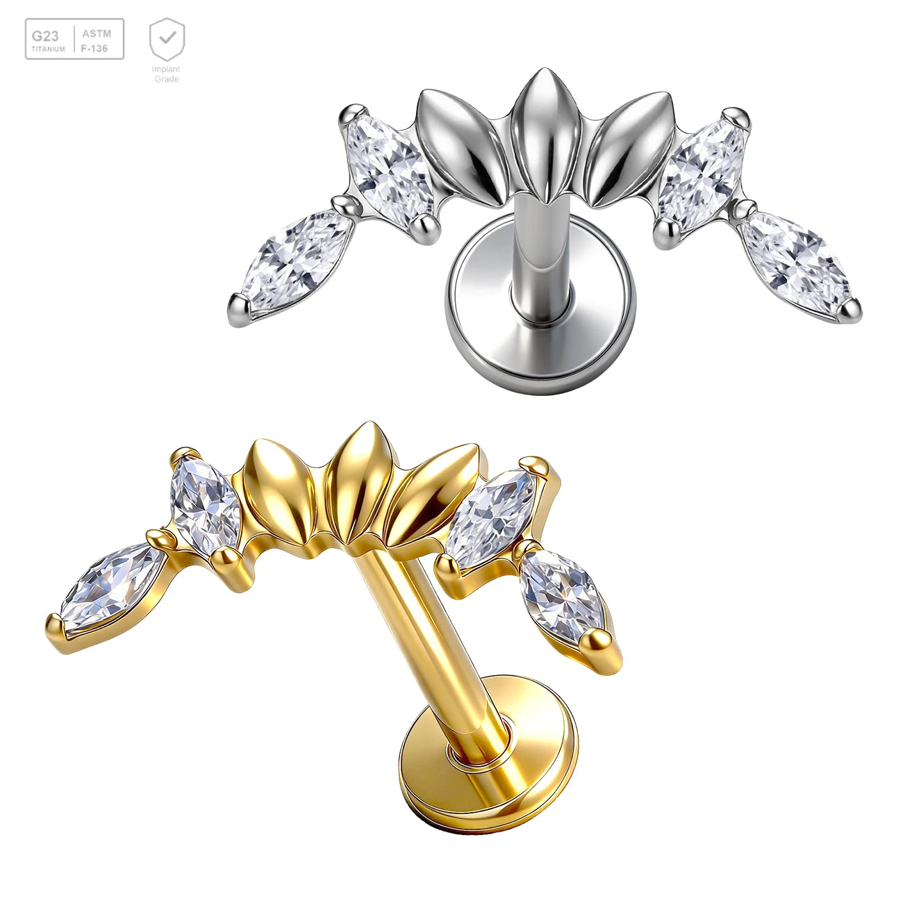 Pack of 5 G23 ASTM F136 Titanium Labret Stud | Threadless Push-In & Internally Threaded | Gold Plated Marquise Cut with