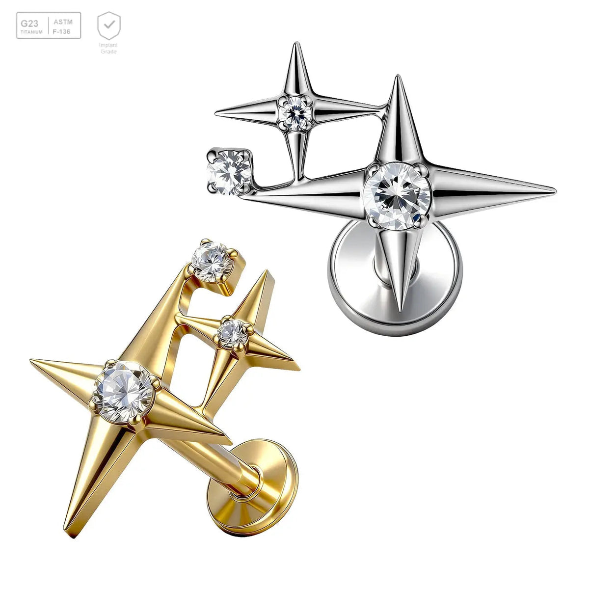 Double Four-Point Star Titanium Labret Stud