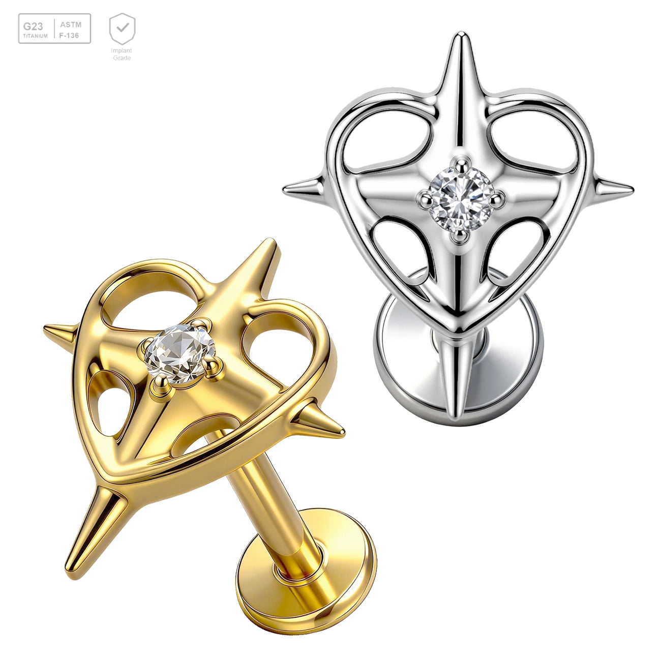 Pack of 5 G23 ASTM F136 Titanium Labret Stud | Threadless Push-In & Internally Threaded | Best selling Heart shaped Four