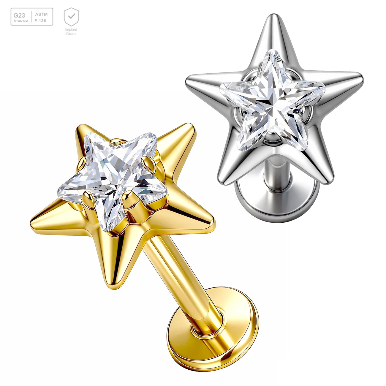 Pack of 5 G23 ASTM F136 Titanium Labret Stud | Threadless Push-In & Internally Threaded | Vintage Style Star Zircon Ear Studs