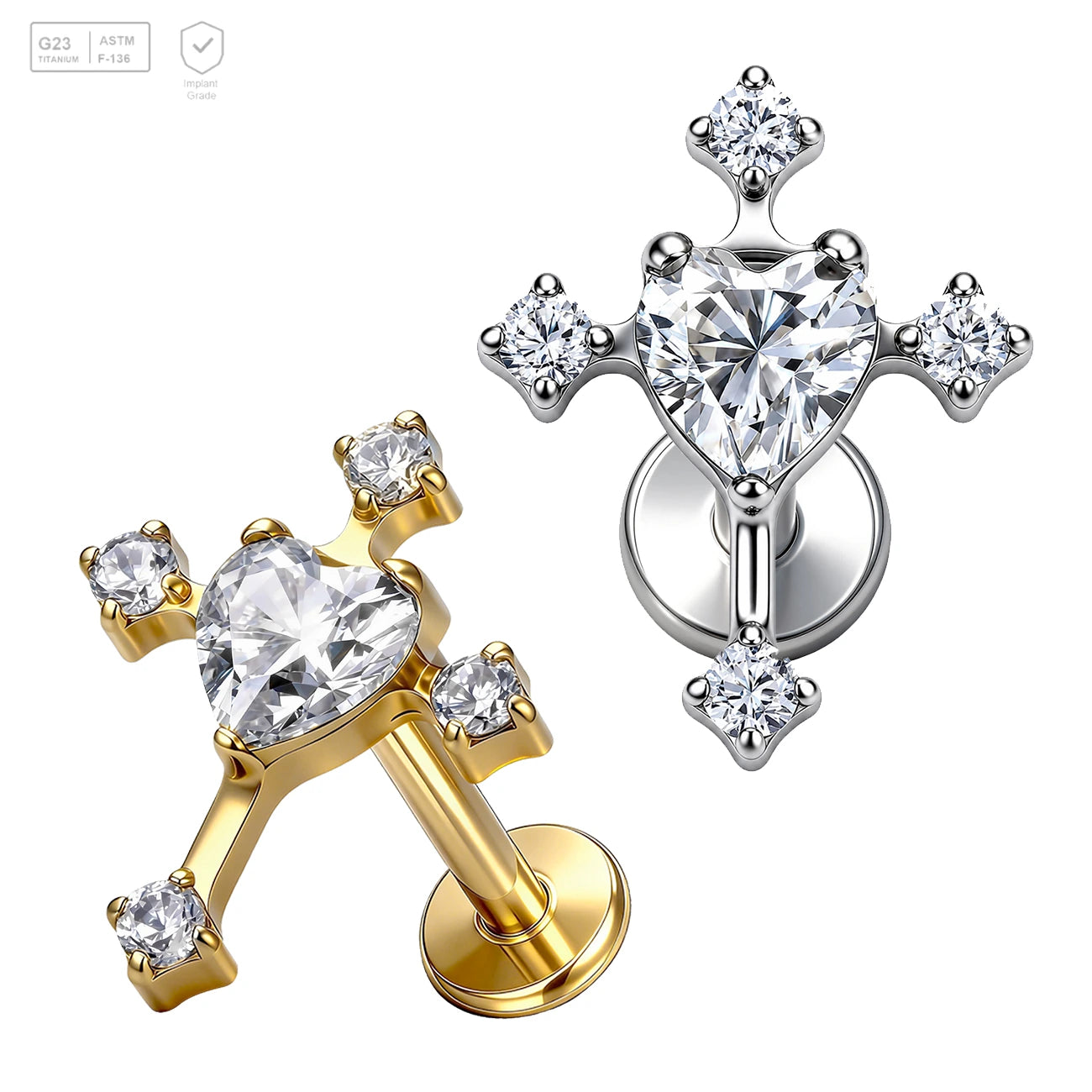 Pack of 5 G23 ASTM F136 Titanium Labret Stud | Threadless Push-In & Internally Threaded | Heart Cross Zircon Inlaid Ear Bone