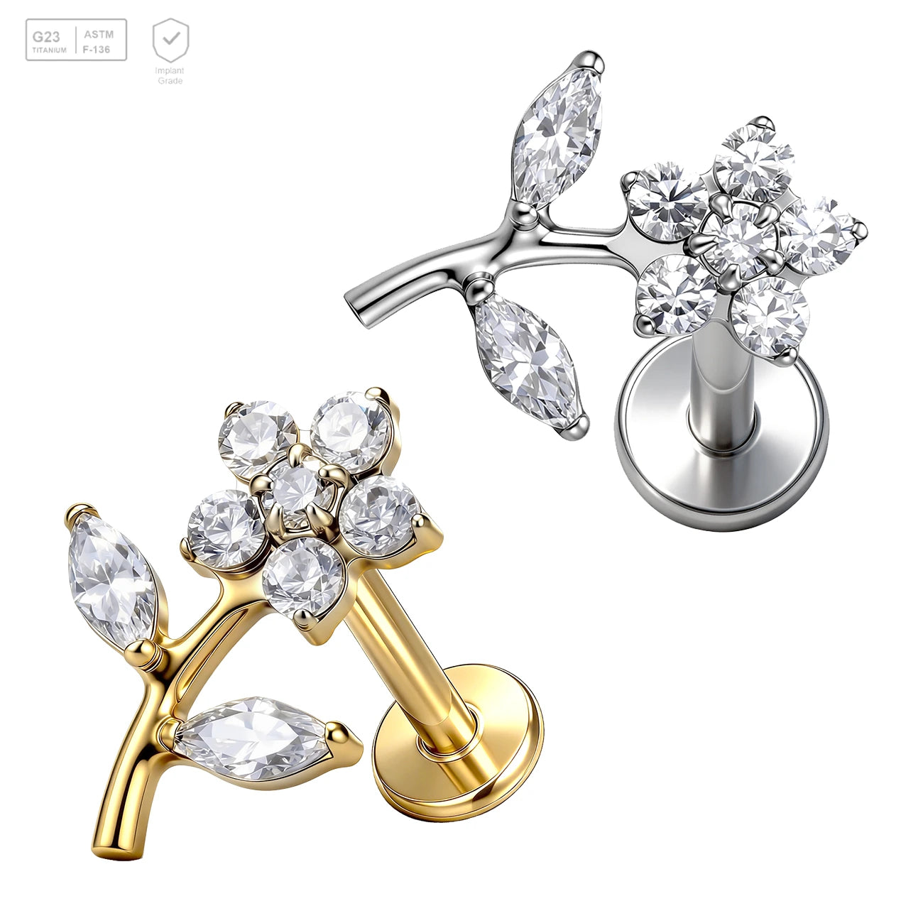 Pack of 5 G23 ASTM F136 Titanium Labret Stud | Threadless Push-In & Internally Threaded | Zircon 18K 24K Gold Plated Helix