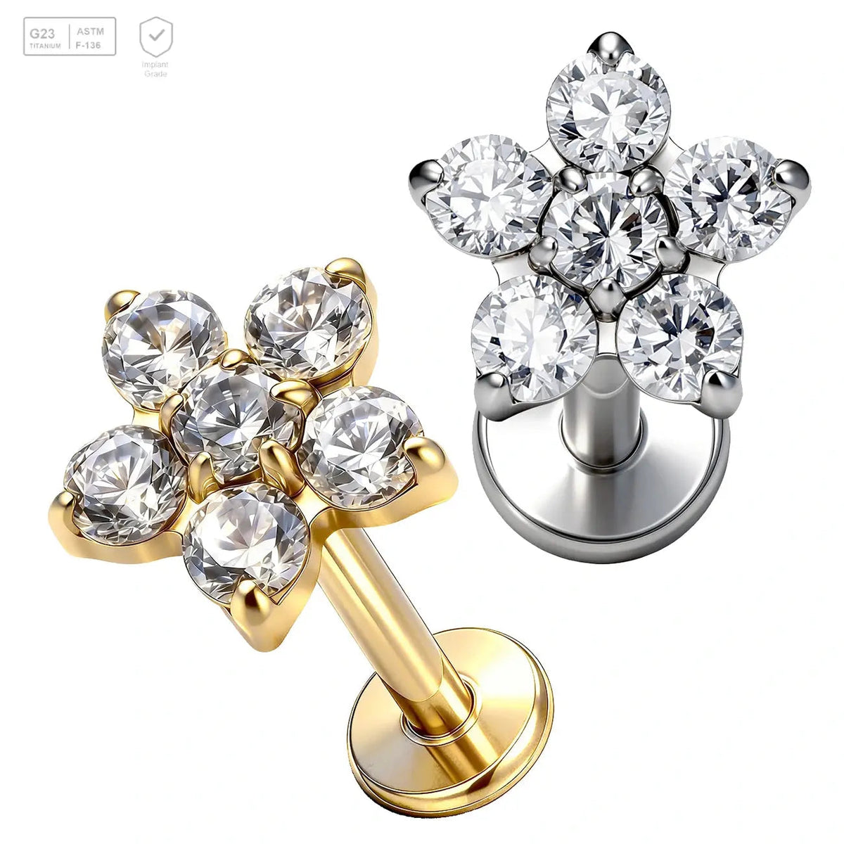 Pack of 5 G23 ASTM F136 Titanium Labret Stud | Threadless Push-In & Internally Threaded | Flower Cross Lip Piercing Cartilage
