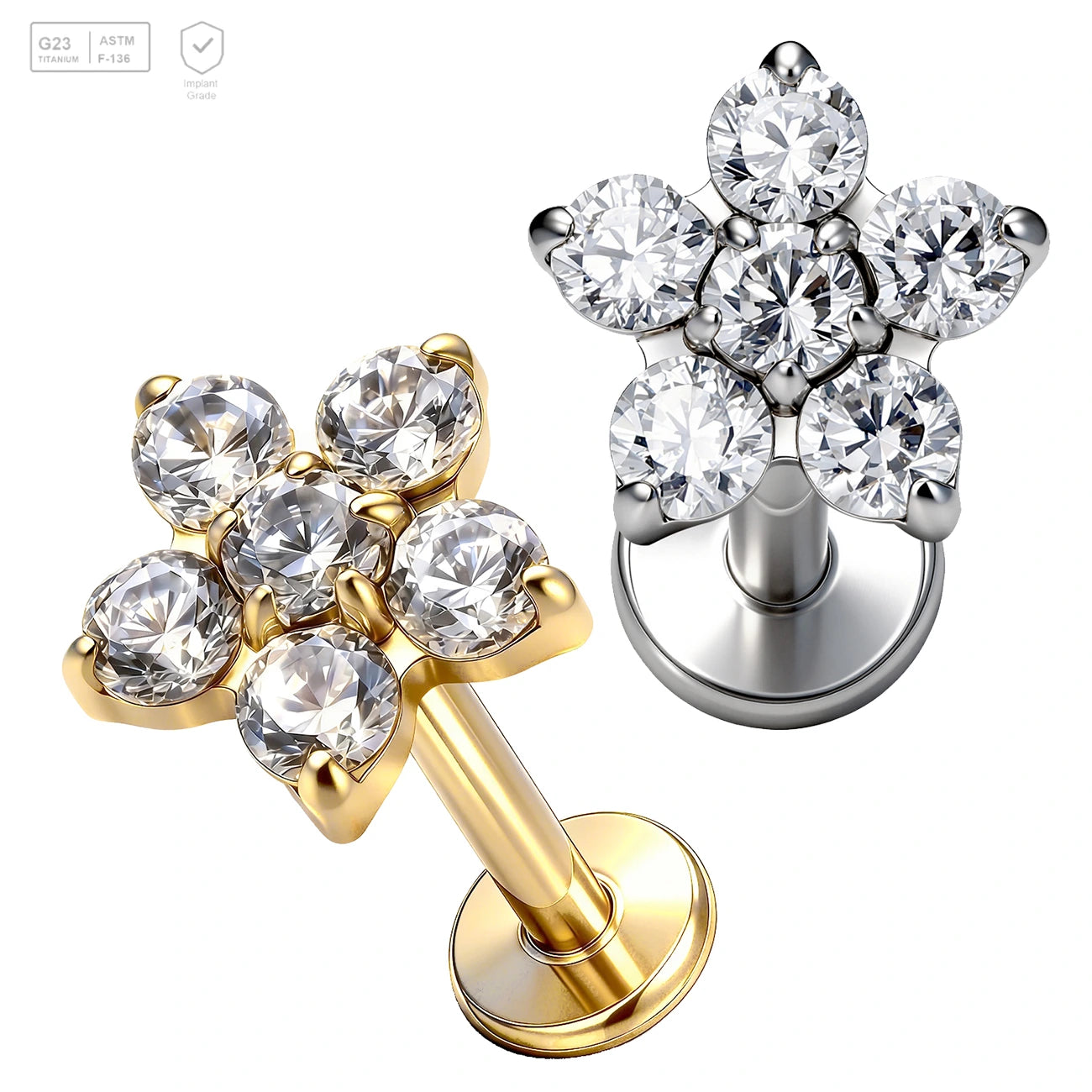 Pack of 5 G23 ASTM F136 Titanium Labret Stud | Threadless Push-In & Internally Threaded | Flower Cross Lip Piercing Cartilage