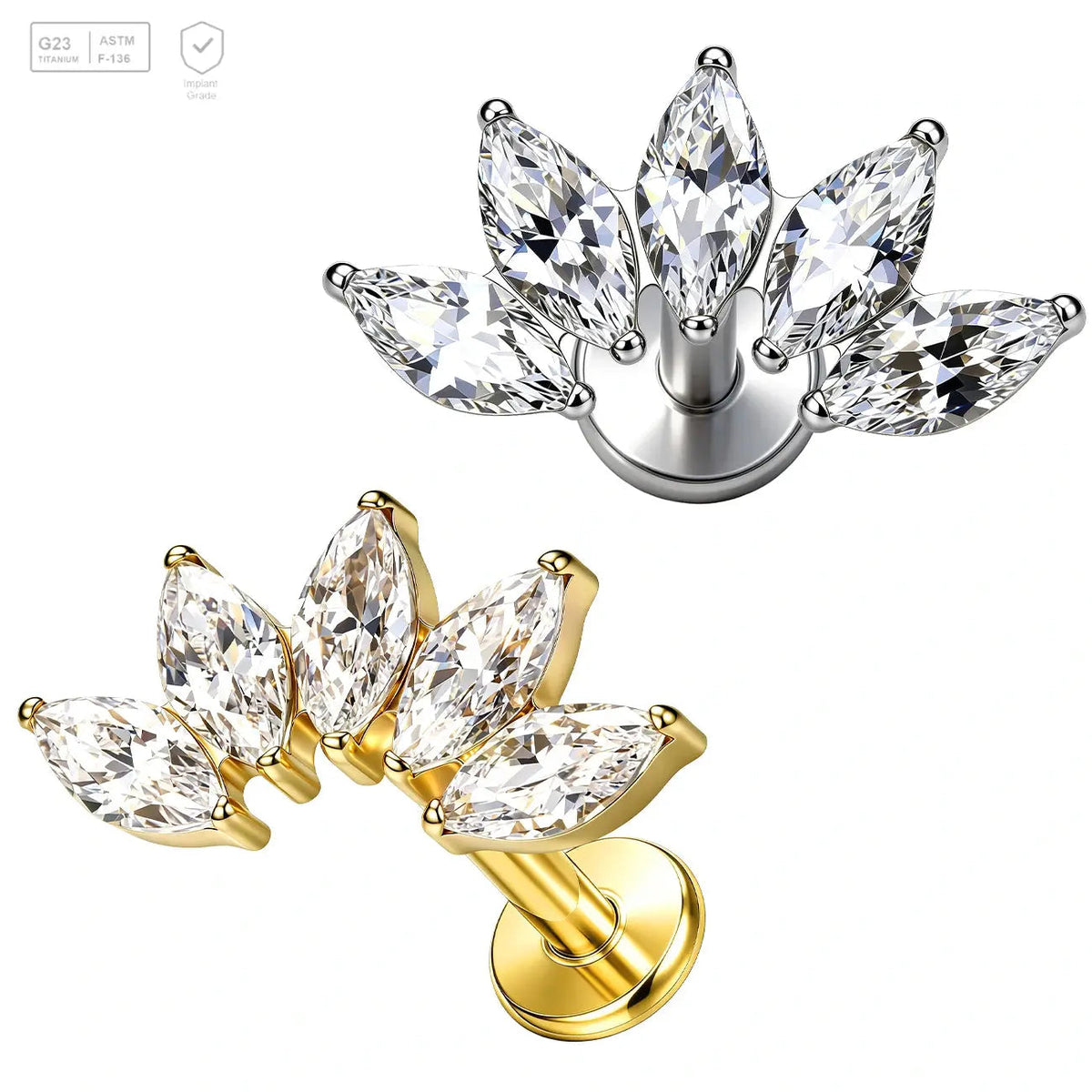 Pack of 5 G23 ASTM F136 Titanium Labret Stud | Threadless Push-In & Internally Threaded | Ear Studs Zircon CZ 24K Gold Plated
