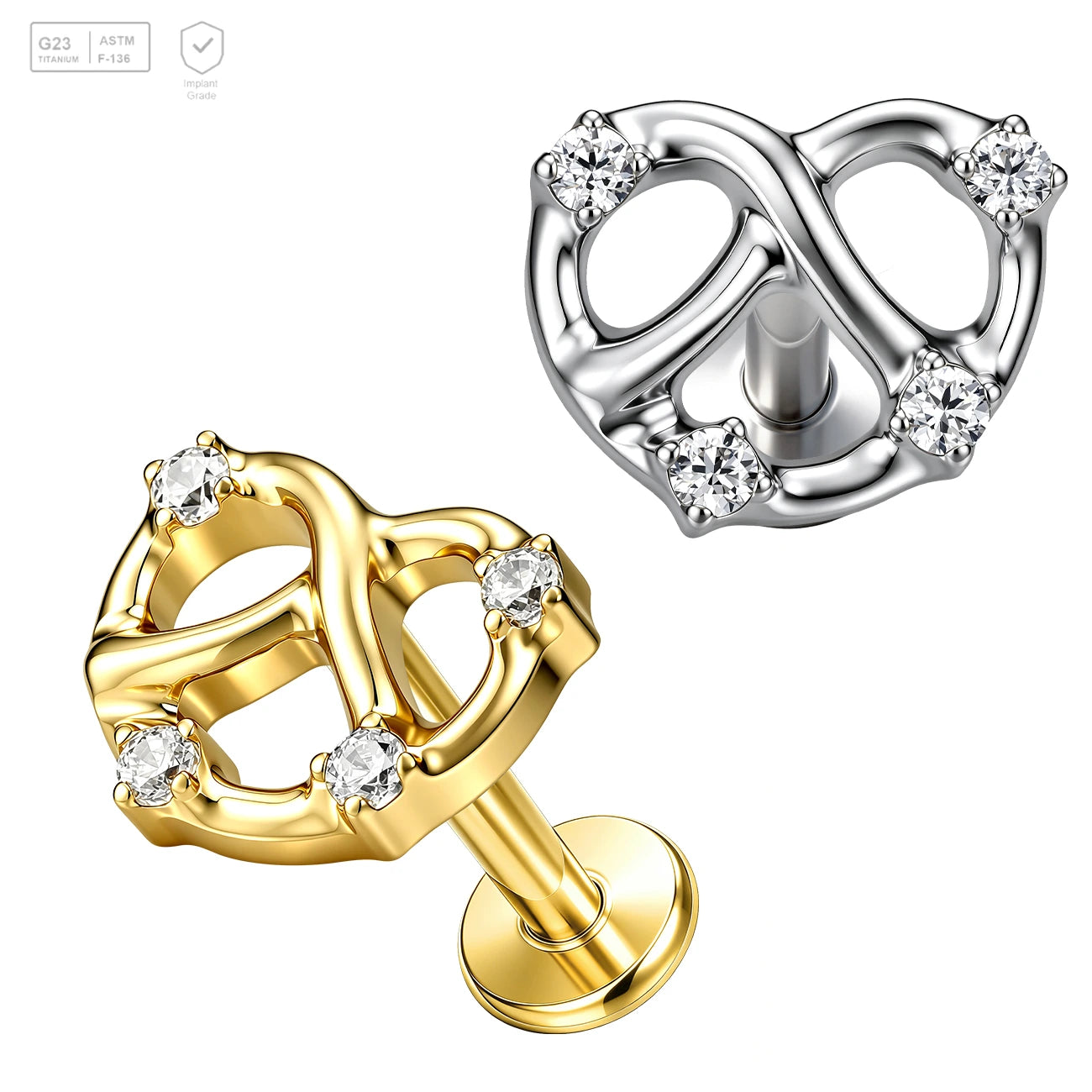 Pack of 5 G23 ASTM F136 Titanium Labret Stud | Threadless Push-In & Internally Threaded | Pretzel Knot Inlay Ear Bone