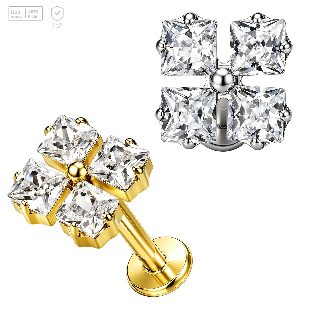 Pack of 5 G23 ASTM F136 Titanium Labret Stud | Threadless Push-In & Internally Threaded | Earring 24K Gold Clear CZ Body