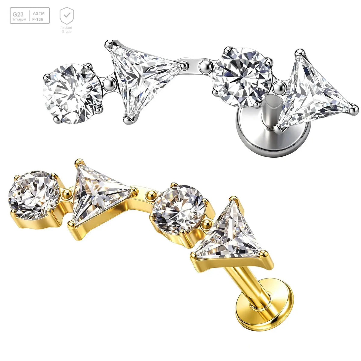 Pack of 5 G23 ASTM F136 Titanium Labret Stud | Threadless Push-In & Internally Threaded | Ear Studs Gold Plated with Zircon