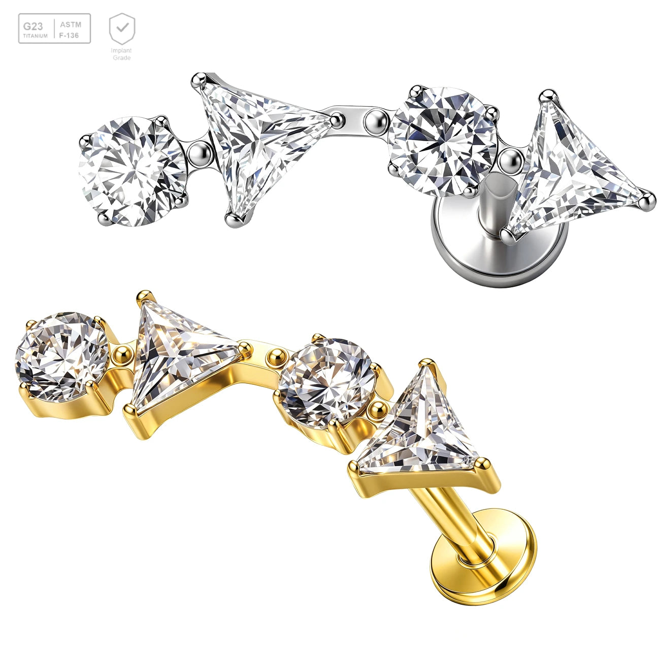 Pack of 5 G23 ASTM F136 Titanium Labret Stud | Threadless Push-In & Internally Threaded | Ear Studs Gold Plated with Zircon