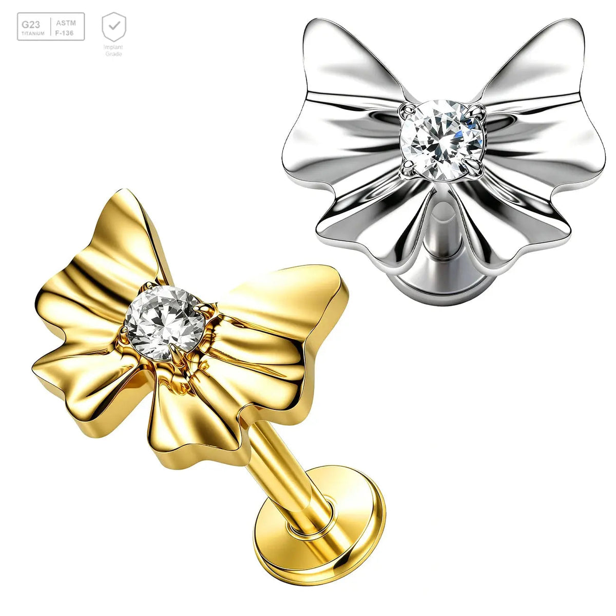 Solid Bow with Center Gem Titanium Labret Stud