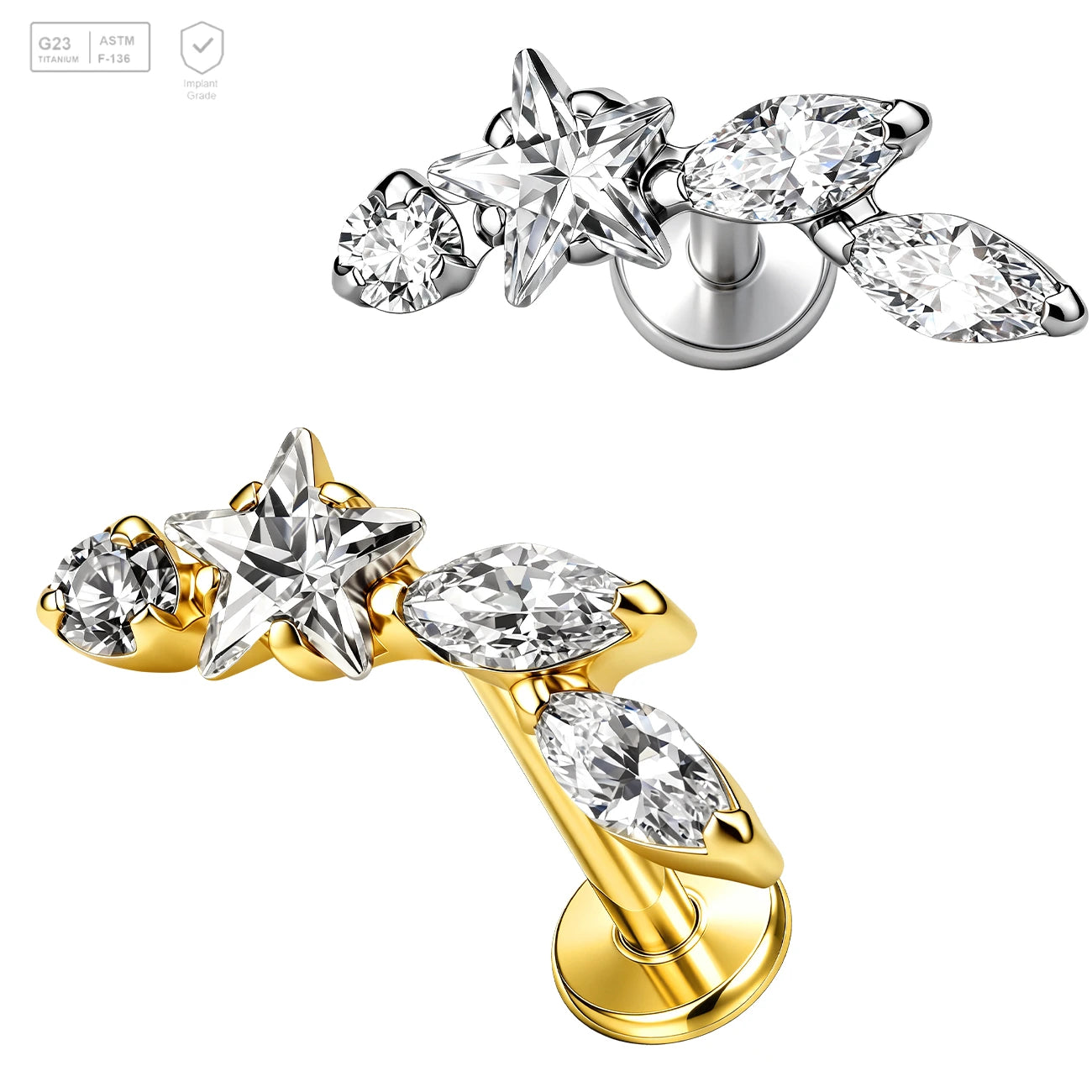 Pack of 5 G23 ASTM F136 Titanium Labret Stud | Threadless Push-In & Internally Threaded | Gold Plated Ear Studs 16G with